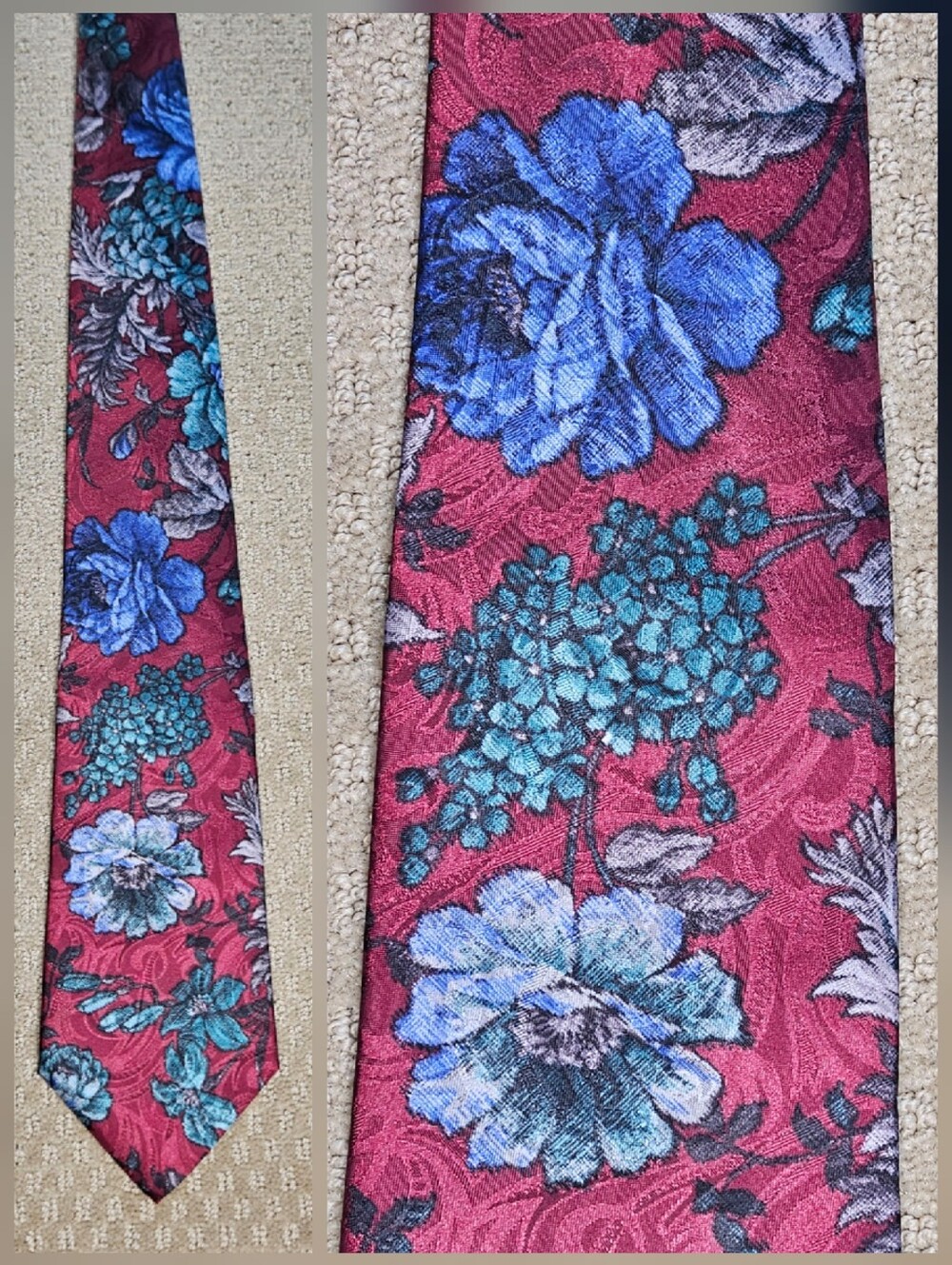 Surrey red tie with blue and green floral design